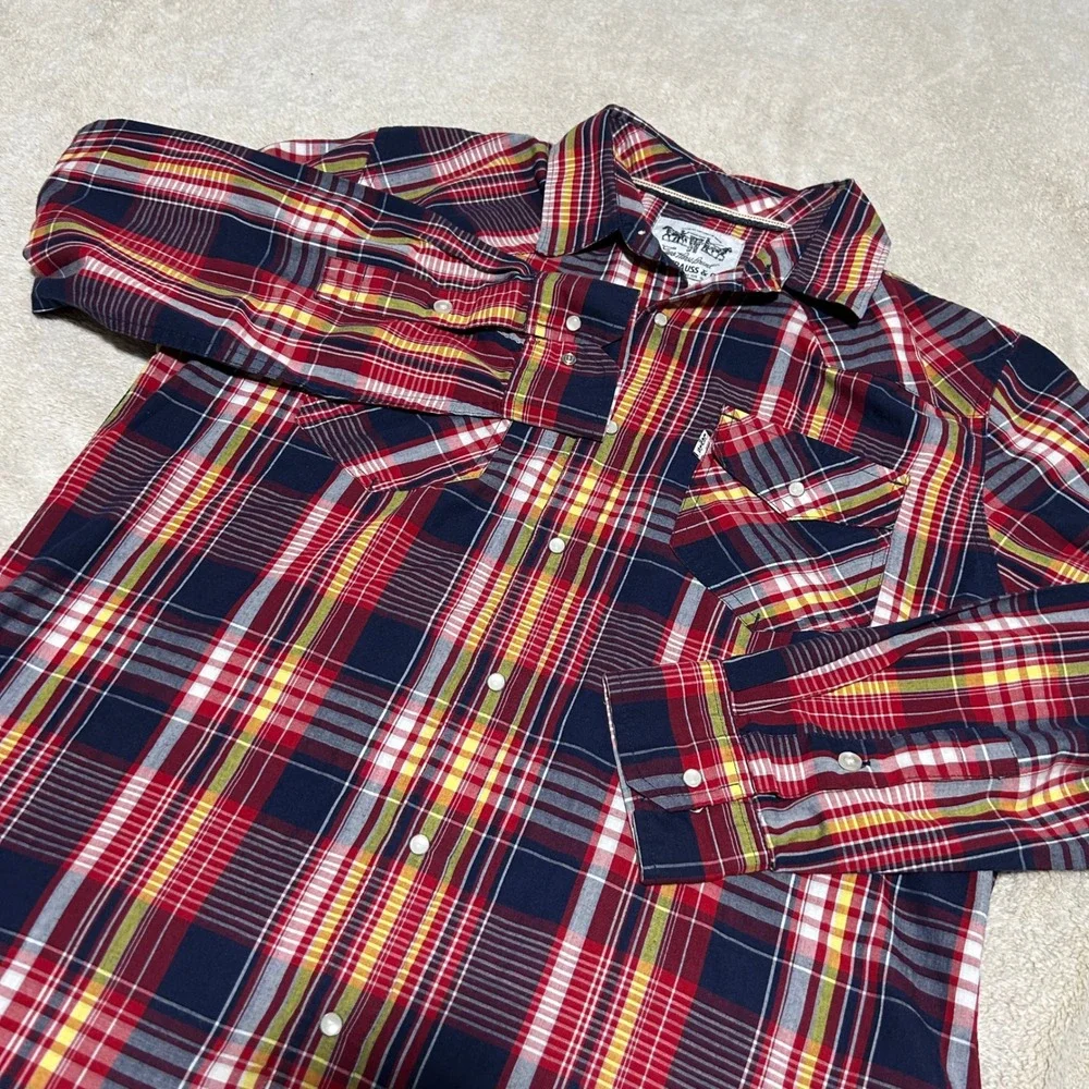 Levi Strauss Western Shirt Mens Medium Red Navy Plaid Pearl Snap Cowboy Rodeo